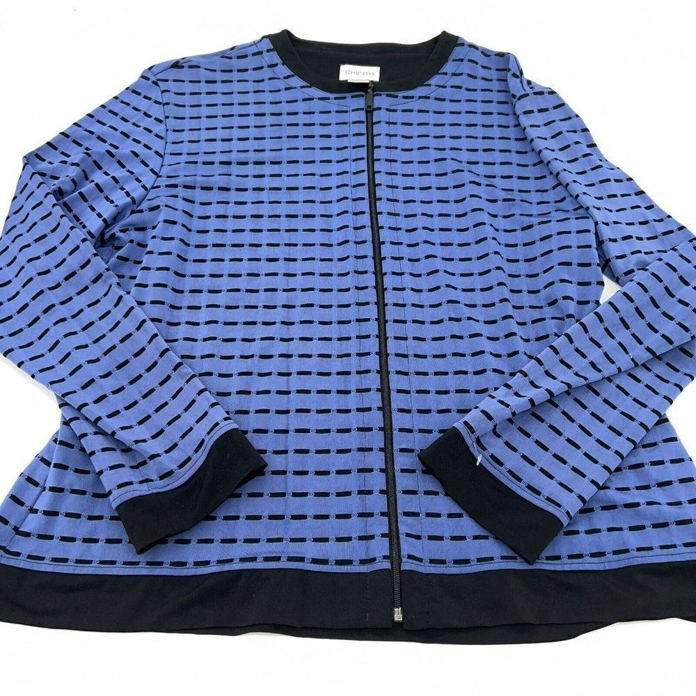 Chico's Travelers Long Sleeve Jacket Full Zip Round Neck Blue Black Size 3 (XL)